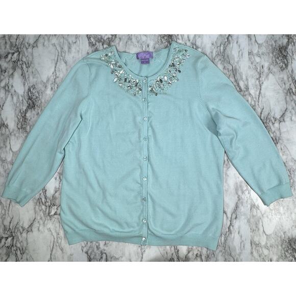 Knit Couture Sweater Womens XS Blue Silk Blend Embellished Cardigan Rhinestone - Picture 1 of 4